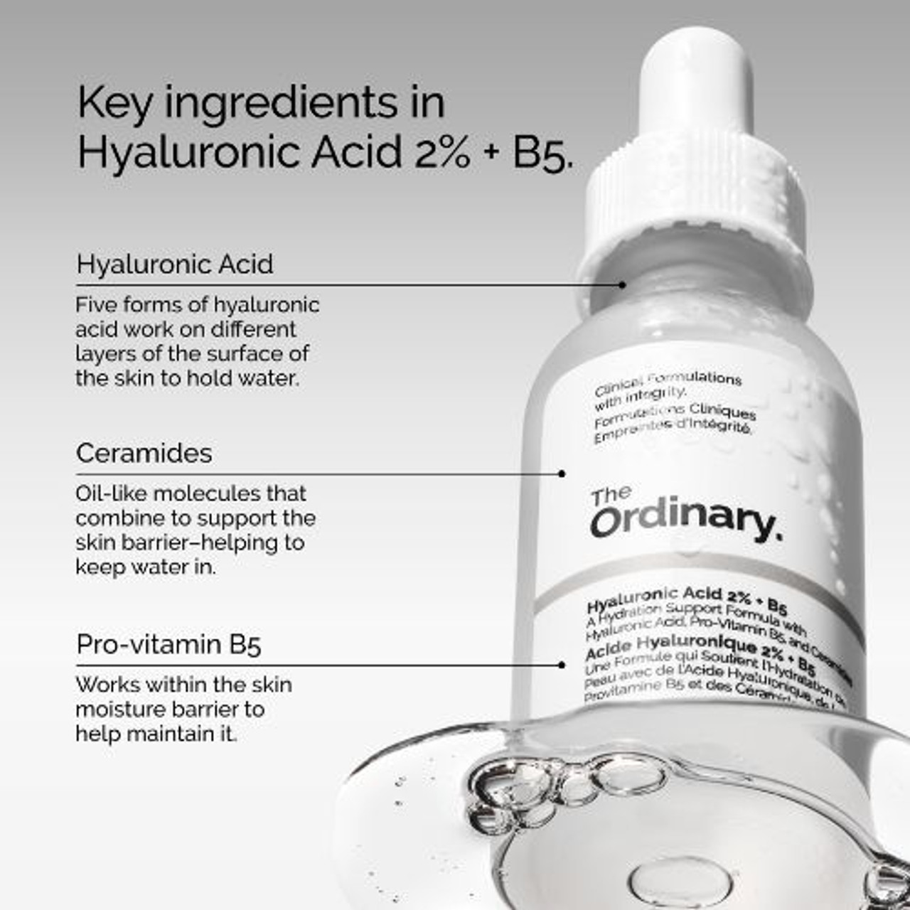 The Ordinary Hyaluronic Acid 2% + B5 serum bottle with pipette on a clean white background