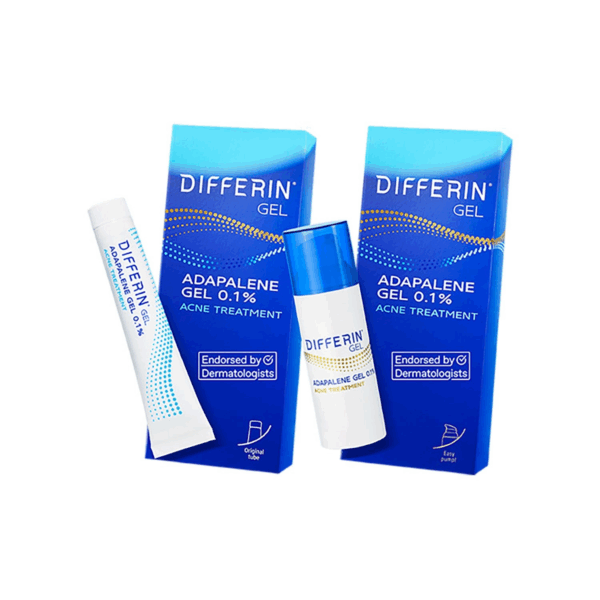 Differin Gel 0.1% Adapalene Acne Treatment in original tube and easy pump packaging with branded blue boxes, dermatologist-recommended for treating acne and clogged pores.