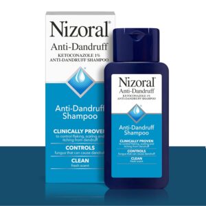 Nizoral Anti-Dandruff Shampoo with ketoconazole 1% pictured alongside its box, highlighting clinically proven control of flaking, scaling, and itching from dandruff, and a ‘clean fresh scent’ tagline