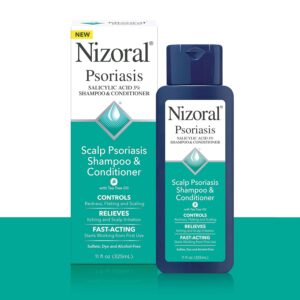 Bottle and packaging of Nizoral Psoriasis Scalp Psoriasis Shampoo & Conditioner with tea tree oil, featuring text calling out the product’s ability to control redness, flaking, and scaling, relieve itching, and work fast from the first use.