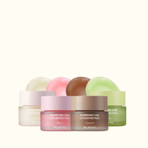 Collection of Klavuu Nourishing Care Lip Sleeping Pack in four variants – Vanilla, Berry, Coconut and Melon arranged together in small jars.
