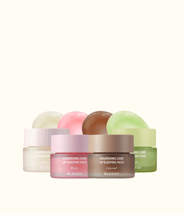 Collection of Klavuu Nourishing Care Lip Sleeping Pack in four variants – Vanilla, Berry, Coconut and Melon arranged together in small jars.