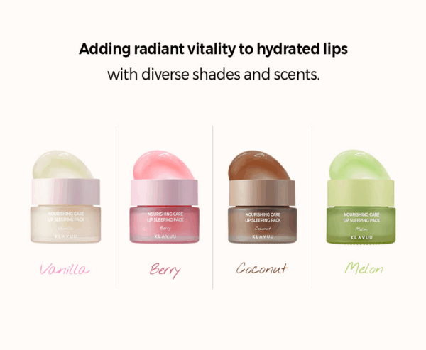 Klavuu Nourishing Care Lip Sleeping Pack in Vanilla, Berry, Coconut and Melon jars with balm textures displayed on top