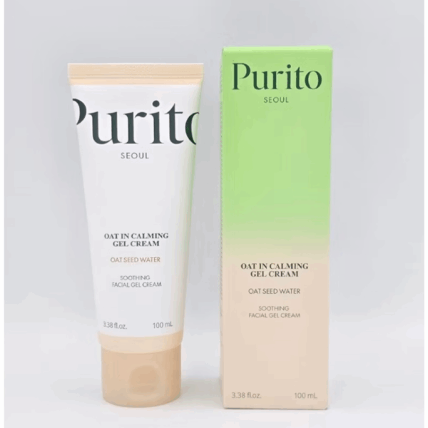 Purito Oat-In Calming Gel Cream tube and product box with gradient green and beige packaging, showcasing the Korean facial gel cream with oat seed water.