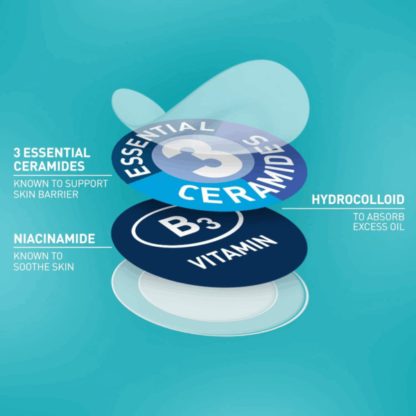 Front view of CeraVe Blemish Barrier Patches box showing key benefits like oil absorption, redness reduction, and skin barrier protection with ceramides and niacinamide.