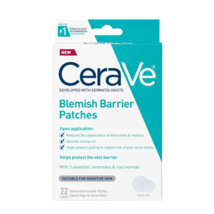 Front view of CeraVe Blemish Barrier Patches box showing key benefits like oil absorption, redness reduction, and skin barrier protection with ceramides and niacinamide.