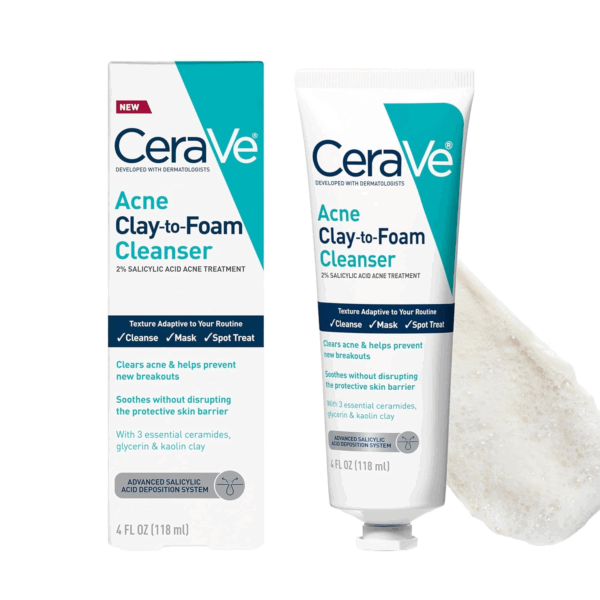 CeraVe Acne Clay-to-Foam Cleanser shown with its packaging and product texture, featuring 2% salicylic acid and 3 essential ceramides for acne treatment.