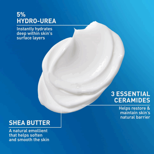 Front view of CeraVe Intensive Moisturizing Cream with 5% Hydro-Urea in a 539g jar, positioned against a smooth cream texture background to show hydration focus.
