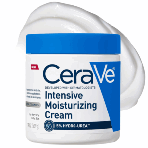 Close-up of CeraVe Intensive Moisturizing Cream texture with labeled ingredients: 5% hydro-urea, shea butter, and 3 essential ceramides to hydrate, soothe, and protect dry skin.