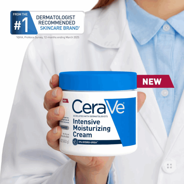 Dermatologist holding a jar of CeraVe Intensive Moisturizing Cream, highlighting its use for very dry, itchy skin with hydro-urea and barrier-restoring ingredients.