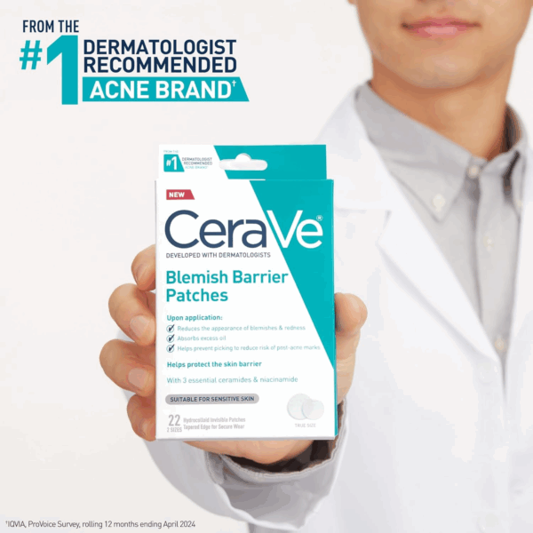 Dermatologist holding a box of CeraVe Blemish Barrier Patches, emphasizing dermatologist recommendation and benefits for blemish-prone, sensitive skin.