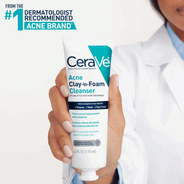 Dermatologist holding CeraVe Acne Clay-to-Foam Cleanser with 2% salicylic acid, developed for acne-prone skin with kaolin clay and essential ceramides.