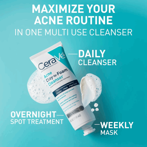 CeraVe Acne Clay-to-Foam Cleanser shown with its packaging and product texture, featuring 2% salicylic acid and 3 essential ceramides for acne treatment.