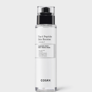 Minimalist bottle of COSRX The 6 Peptide Skin Booster Serum featuring hydrating and firming ingredients like peptides, hyaluronic acid, and NAG for even tone and improved skin texture