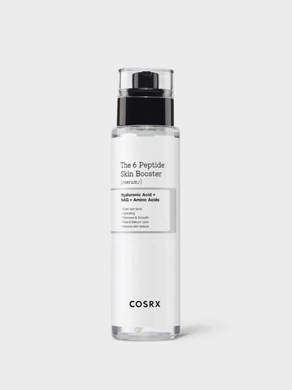 Minimalist bottle of COSRX The 6 Peptide Skin Booster Serum featuring hydrating and firming ingredients like peptides, hyaluronic acid, and NAG for even tone and improved skin texture