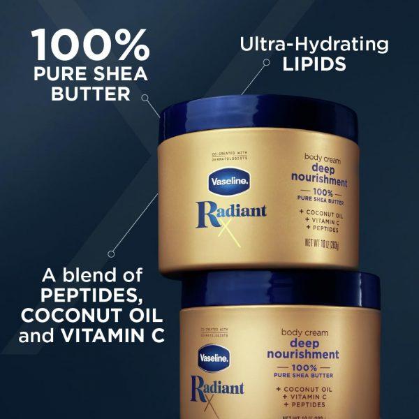 Vaseline Radiant X Deep Nourishment Body Cream 100% Pure Shea Butter, Coconut Oil, Vitamin C, & Peptides Dreamskinhaven