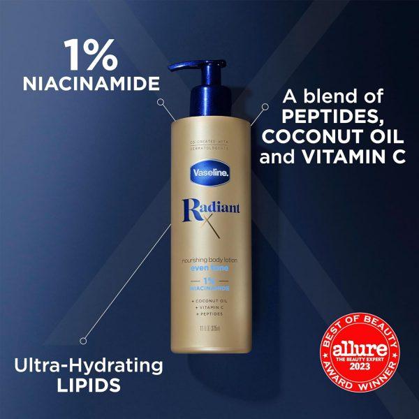 Vaseline Radiant X Even Tone Nourishing Body Lotion With 1% Niacinamide, Coconut Oil, Vitamin C, & Peptides Dreamskinhaven