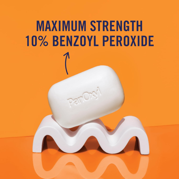 PanOxyl Maximum Strength Acne Bar on a clean bathroom counter, highlighting its oil-absorbing and acne-fighting benefits.