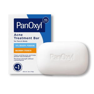 PanOxyl 10% Benzoyl Peroxide Bar Soap in packaging, a dermatologist-recommended cleanser for acne-prone skin.