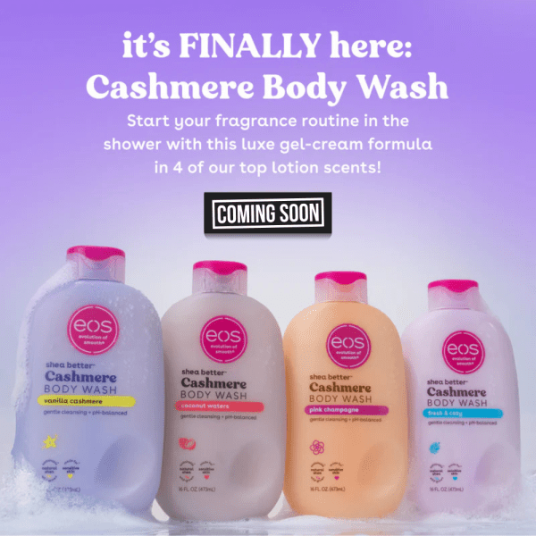 EOS Body Wash collection featuring Vanilla Cashmere, Coconut Waters, Fresh & Cozy and Pink champagne – luxurious, hydrating body washes for soft skin from Dreamskinhaven