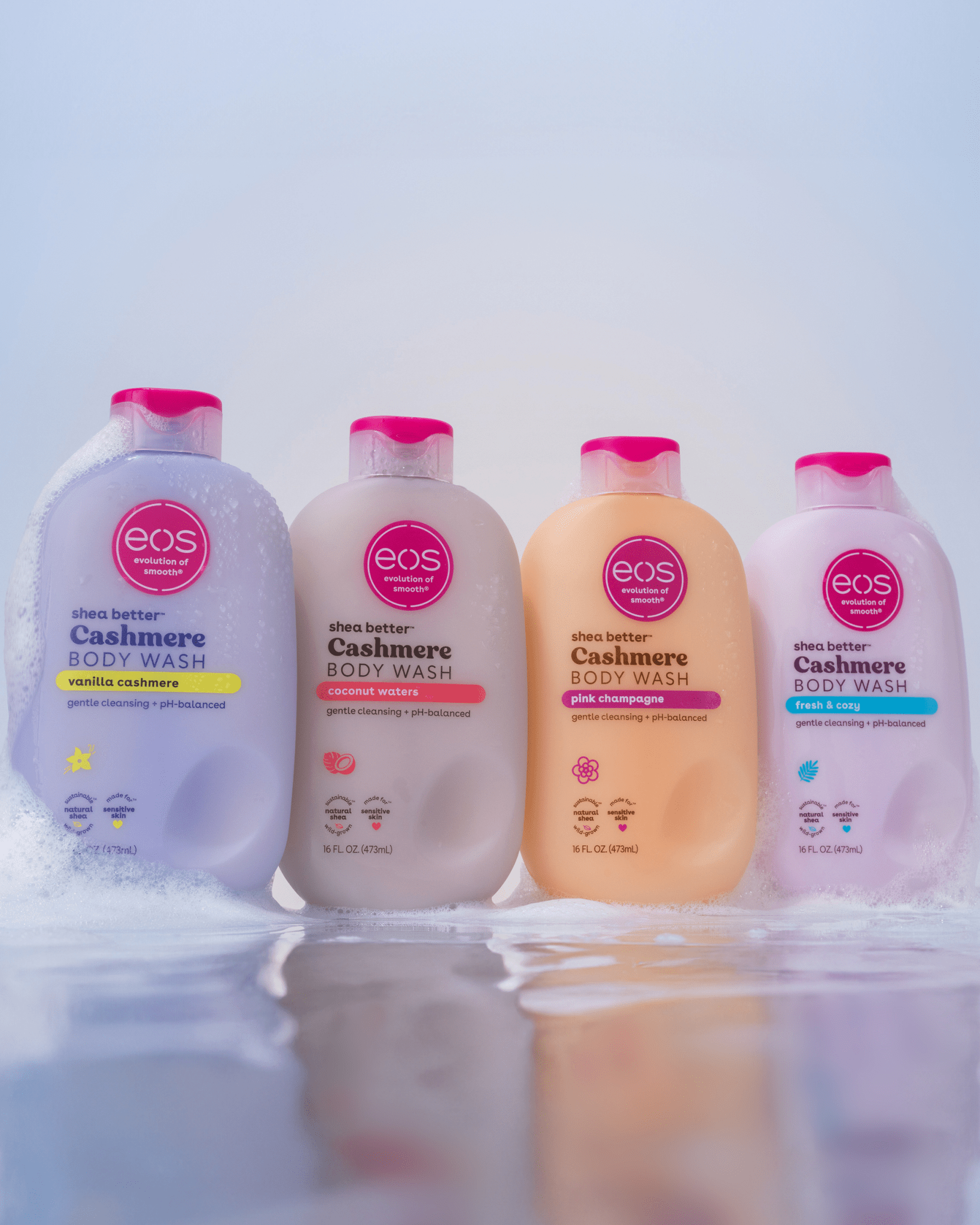 EOS Body Wash collection featuring Vanilla Cashmere, Coconut Waters, Fresh & Cozy and Pink champagne – luxurious, hydrating body washes for soft skin from Dreamskinhaven .Skincare