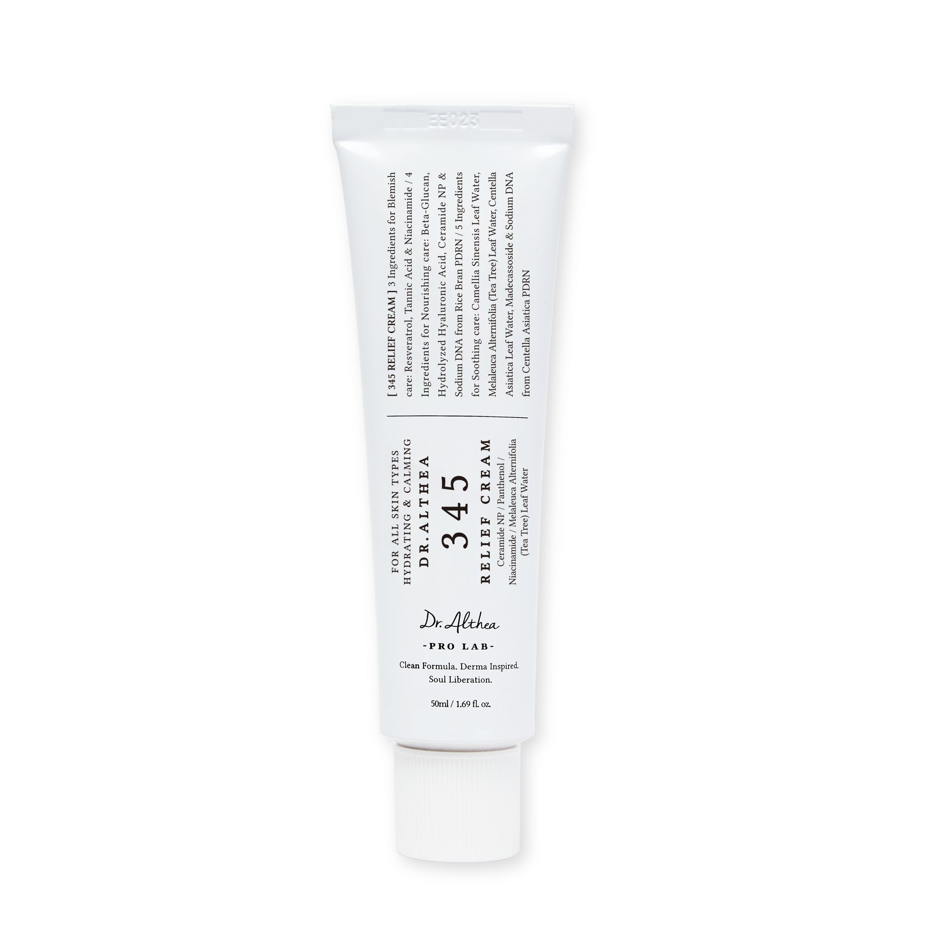Dr. Althea 345 Relief Cream tube front view featuring minimalist white packaging with product name and key calming skincare positioning