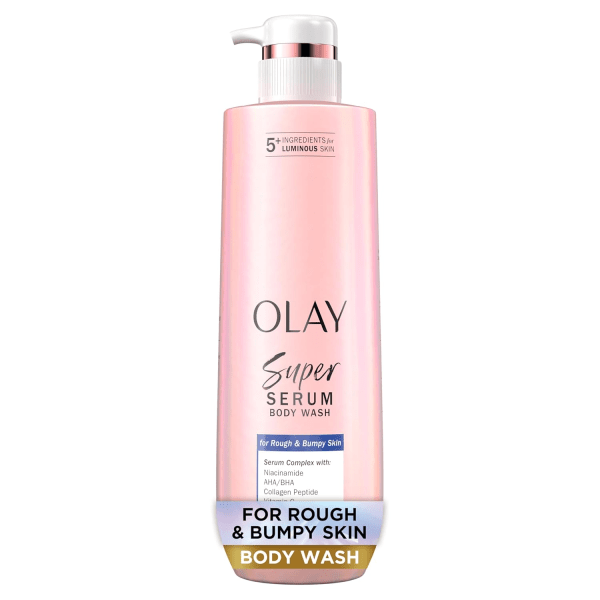 A sleek bottle of Olay Super Serum Body Wash for Rough & Bumpy Skin placed on a softly lit surface, highlighting its niacinamide-powered formula designed to smooth, hydrate, and improve skin texture.