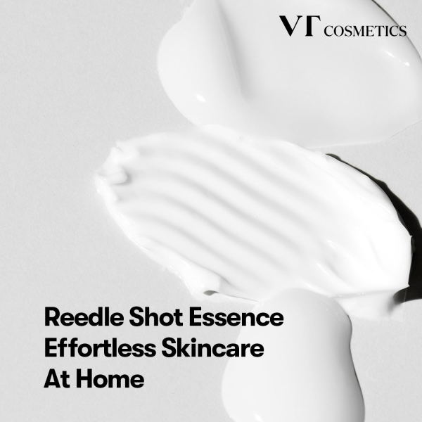 A sleek, science-driven bottle of VT Cosmetics Reedle Shot placed on a softly blurred background, emphasizing its innovative micro-spicule technology for collagen boosting, skin renewal, and enhanced absorption.