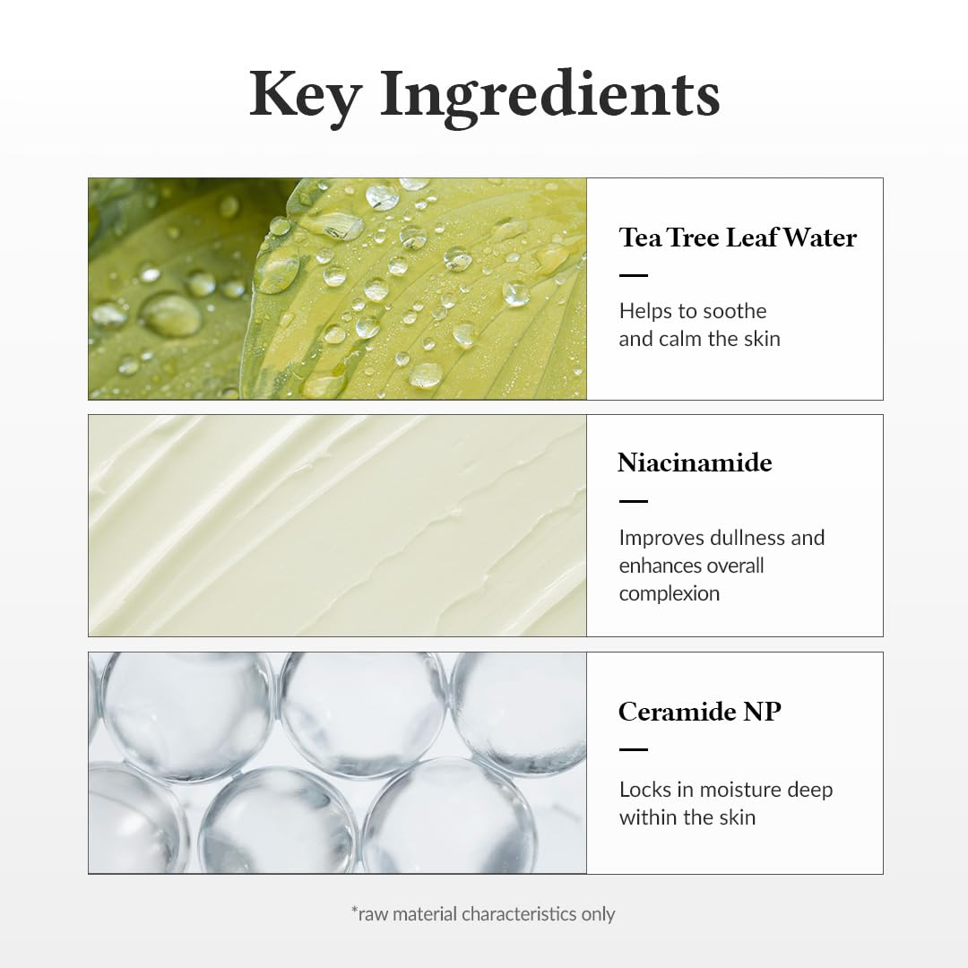 Dr. Althea 345 Relief Cream key ingredients infographic highlighting tea tree leaf water niacinamide and ceramide NP for soothing hydration and barrier support