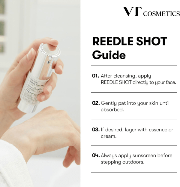 A sleek, science-driven bottle of VT Cosmetics Reedle Shot placed on a softly blurred background, emphasizing its innovative micro-spicule technology for collagen boosting, skin renewal, and enhanced absorption.