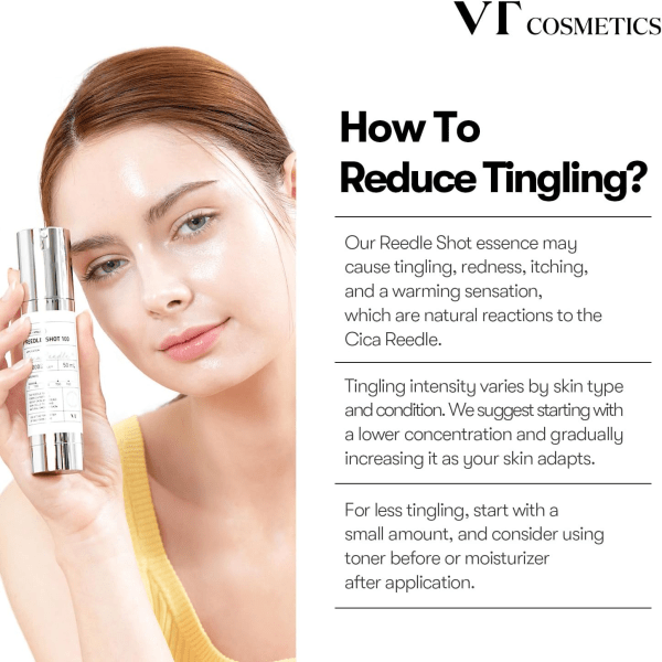 A sleek, science-driven bottle of VT Cosmetics Reedle Shot placed on a softly blurred background, emphasizing its innovative micro-spicule technology for collagen boosting, skin renewal, and enhanced absorption.