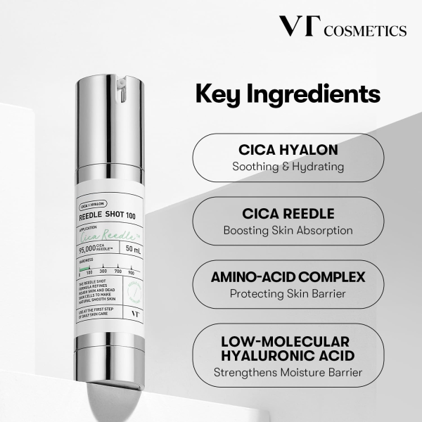 A sleek, science-driven bottle of VT Cosmetics Reedle Shot placed on a softly blurred background, emphasizing its innovative micro-spicule technology for collagen boosting, skin renewal, and enhanced absorption.