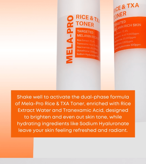 A sleek, minimalist bottle of Nineless Melapro TXA & Rice Toner placed on a softly blurred background, highlighting its brightening, hydrating, and skin-soothing formula designed to target hyperpigmentation and enhance radiance.