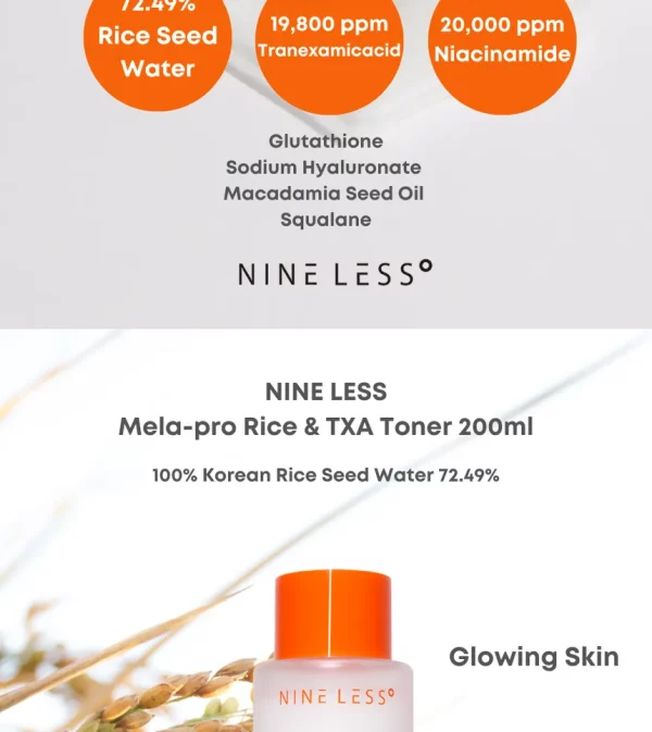 A sleek, minimalist bottle of Nineless Melapro TXA & Rice Toner placed on a softly blurred background, highlighting its brightening, hydrating, and skin-soothing formula designed to target hyperpigmentation and enhance radiance.