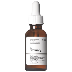 A close-up image of The Ordinary GF 15% Solution bottle with a white dropper cap. The brown glass bottle label highlights that it’s an age-support serum formulated to minimize and repair visible skin damage.