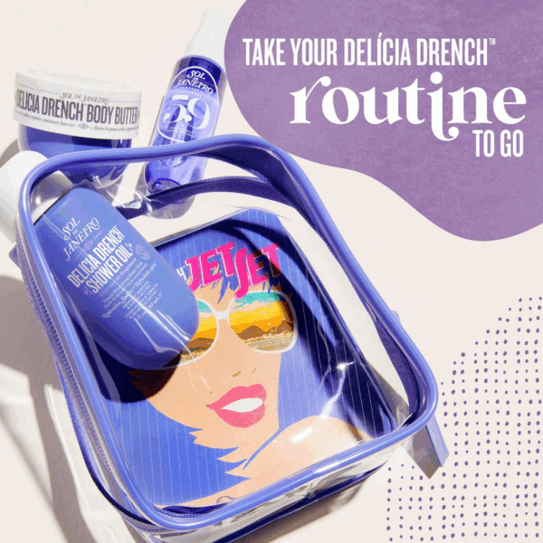 Sol de Janeiro Delícia Drench Jet Set travel pouch with shower oil, body butter and Cheirosa 59 mist—portable Brazilian body-care routine.