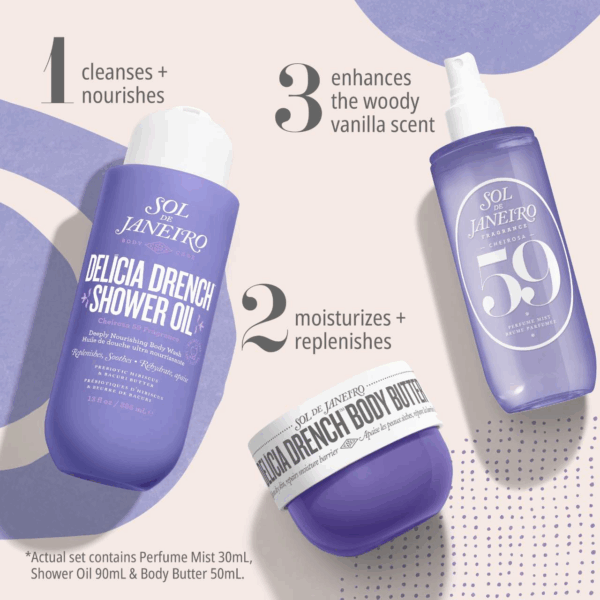 Delícia Drench Jet Set 3-step routine: shower oil cleanses and nourishes, body butter moisturizes, Cheirosa 59 perfume mist layers woody vanilla scent.