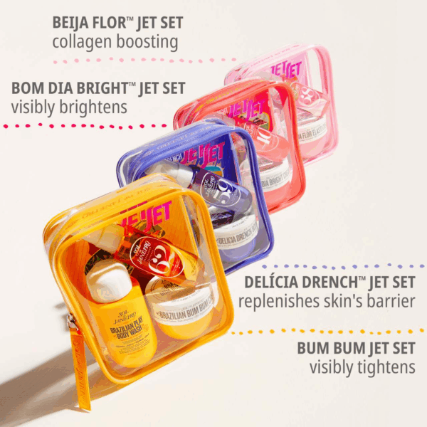 Sol de Janeiro Jet Set travel kits—Beija Flor collagen boost, Bom Dia Bright brightening, Delícia Drench barrier repair, Bum Bum tightening colorful clear pouches for skincare on the go.