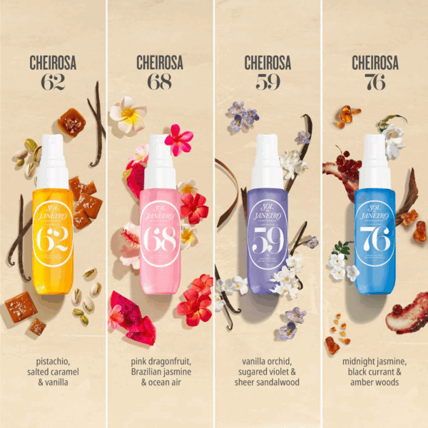 Sol de Janeiro Cheirosa 62, 68, 59 and 76 body mist bottles with key scent notes—pistachio caramel, pink dragonfruit jasmine, vanilla orchid sandalwood, midnight jasmine amber woods.