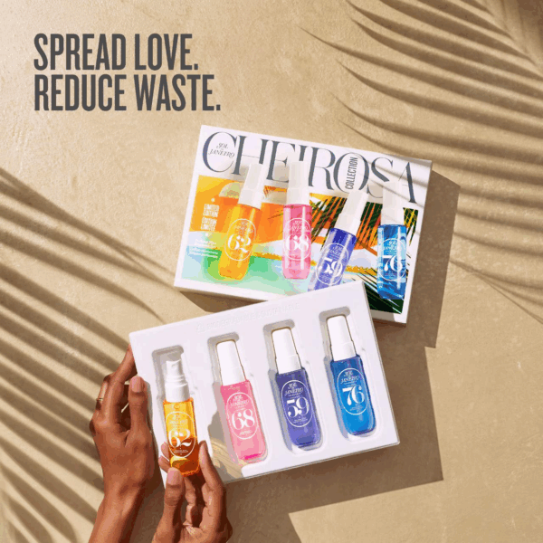 Sol de Janeiro Cheirosa Collection discovery set—four travel-size Brazilian perfume body mists being unboxed, eco-friendly gifting message.