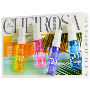 Sol de Janeiro Cheirosa Collection gift box containing four mini perfume body mists—scent discovery set for summer fragrance layering.
