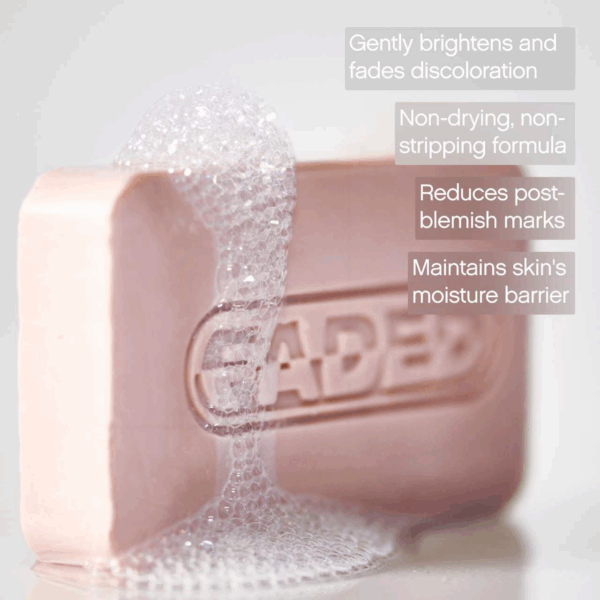 Topicals Faded brightening cleansing bar foaming, highlights gentle discoloration-fading formula that maintains skin’s moisture barrier.