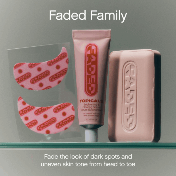Topicals Faded Brightening Bundle serum, cleansing bar and eye masks kit to visibly fade dark spots and even skin tone head to toe.