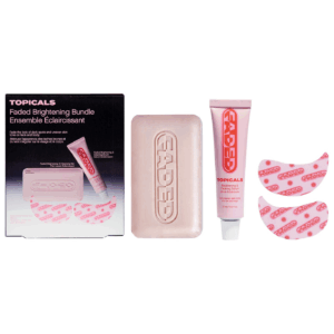 Topicals Faded family brightening serum, cleansing bar and under-eye masks set for fading dark spots and uneven skin tone.