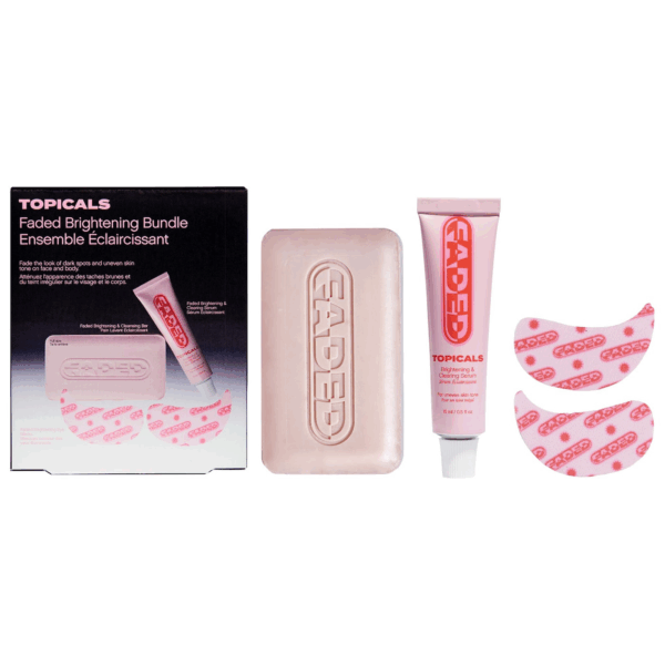 Topicals Faded family brightening serum, cleansing bar and under-eye masks set for fading dark spots and uneven skin tone.