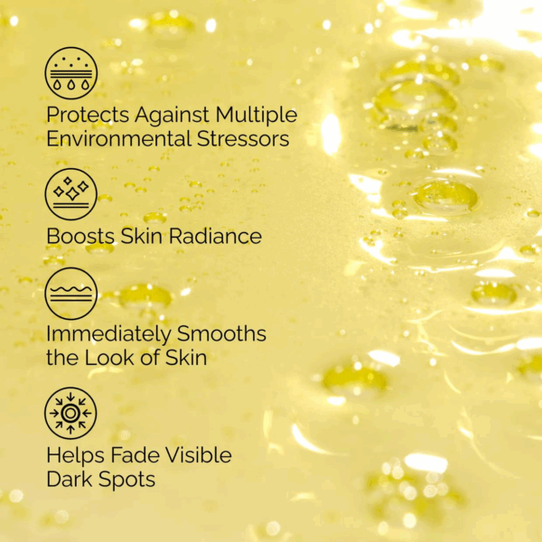 Close-up of golden serum texture with icons listing benefits: protects against environmental stressors, boosts radiance, smooths skin instantly, fades dark spots.