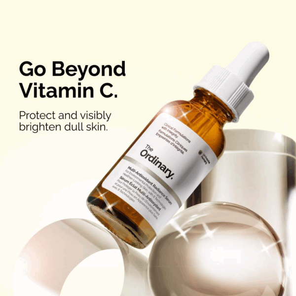Amber dropper bottle of The Ordinary Multi-Antioxidant Radiance Serum angled on a luminous background with headline ‘Go Beyond Vitamin C Protect and visibly brighten dull skin.