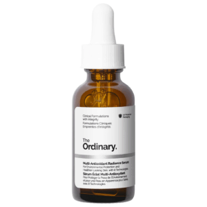 Front packshot of The Ordinary Multi-Antioxidant Radiance Serum 30 ml in amber glass bottle with white dropper, on a clean white background.
