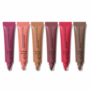 Swatches of e.l.f. Glow Reviver Melting Lip Balm in all shades — Vanilla Toffee, Blackberry Sorbet, Yummy Gummy, Strawberry Shortcake, Java Chip, and Wild Cherry — shown on light, medium, and deep skin tones.