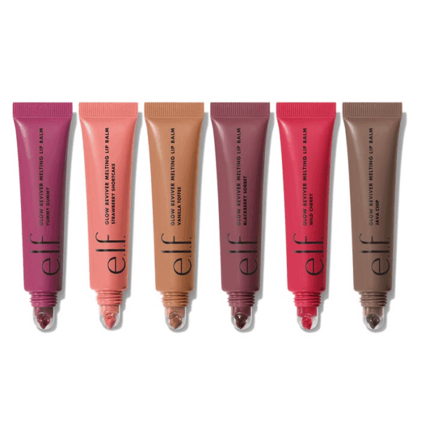 Swatches of e.l.f. Glow Reviver Melting Lip Balm in all shades — Vanilla Toffee, Blackberry Sorbet, Yummy Gummy, Strawberry Shortcake, Java Chip, and Wild Cherry — shown on light, medium, and deep skin tones.